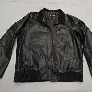 GUESS Men's Dark Leather Bomber Jacket